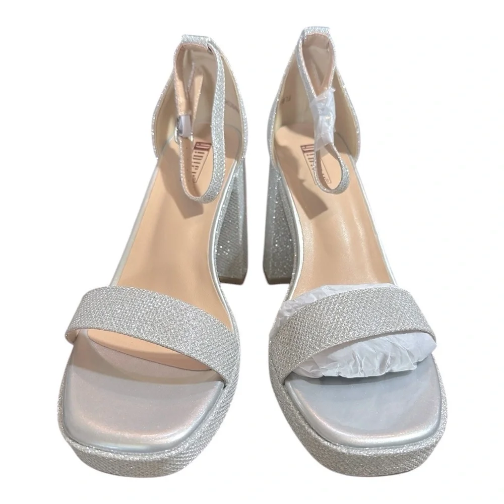 IDIFU Silver Glitter Block Heels | Square Toe Ankle Strap Sandals |Size 7.5, 8.0